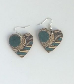 Wooden Heart Drop Earrings Turquoise Geo