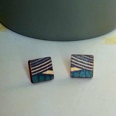 Wooden square stud earrings UK